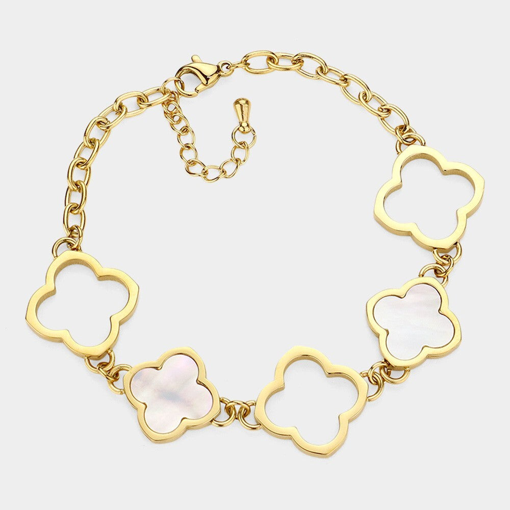 Stainless Steel Mother of Pearl Quatrefoil Link Bracelet for Women