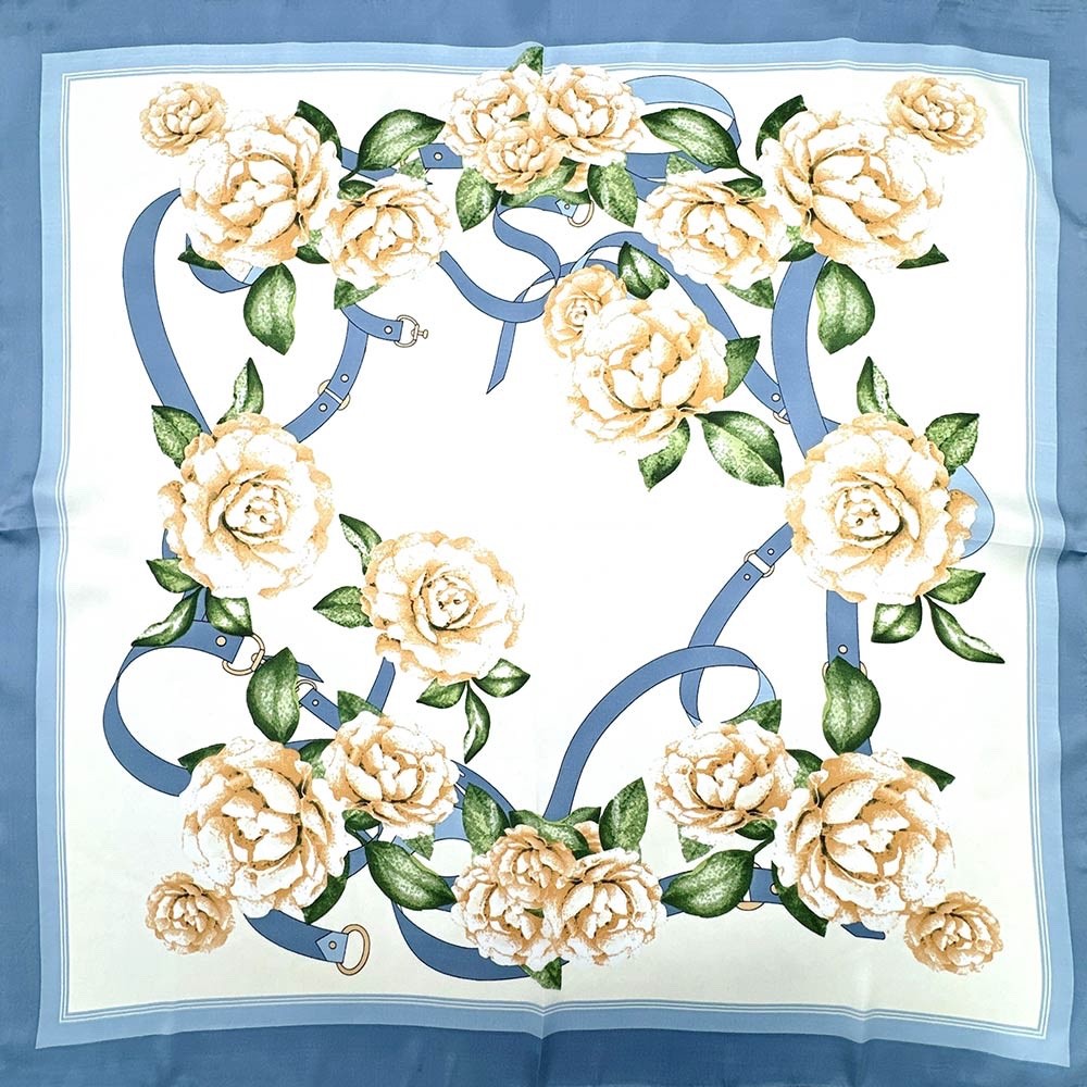 Vintage Floral Silk-Feel Square Scarf - Blue & Gold Rose Luxury Neck Wrap