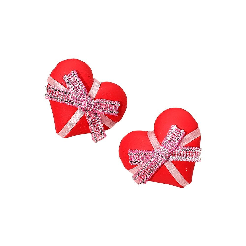 Glittery Gift Ribbon Wrapped Polymer Heart Shaped Stud Earrings For Women Red
