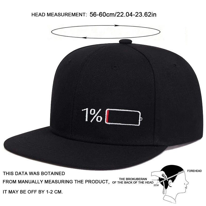 Battery Life Snapback Hat Set 1% Low & 100% Full Charge Embroidered Cap