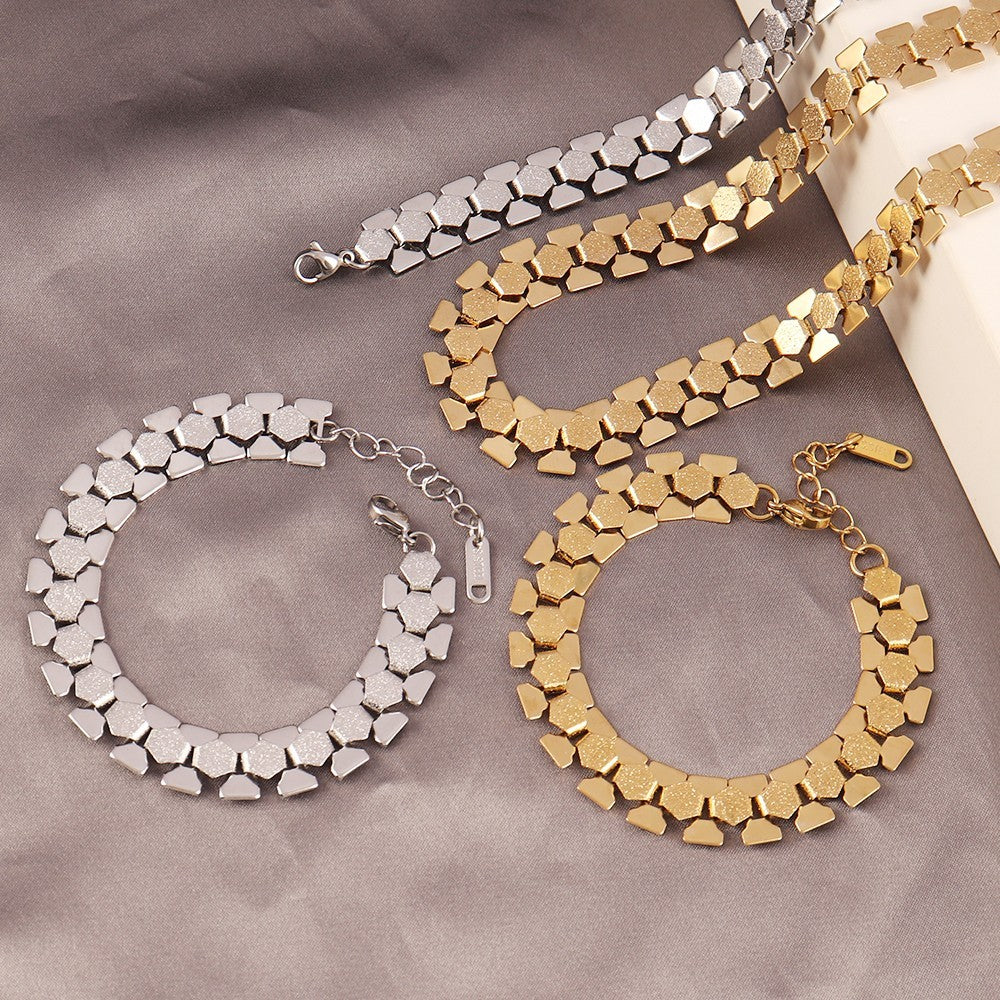 2pcs Gold Silver Tone Segmented Modernist Link Choker Necklace Set