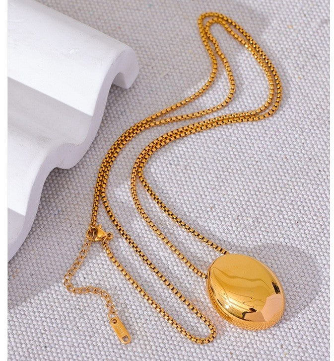 Gold Stainless Steel Dome Oval Pendant Necklace - Long Box Chain 28-30"
