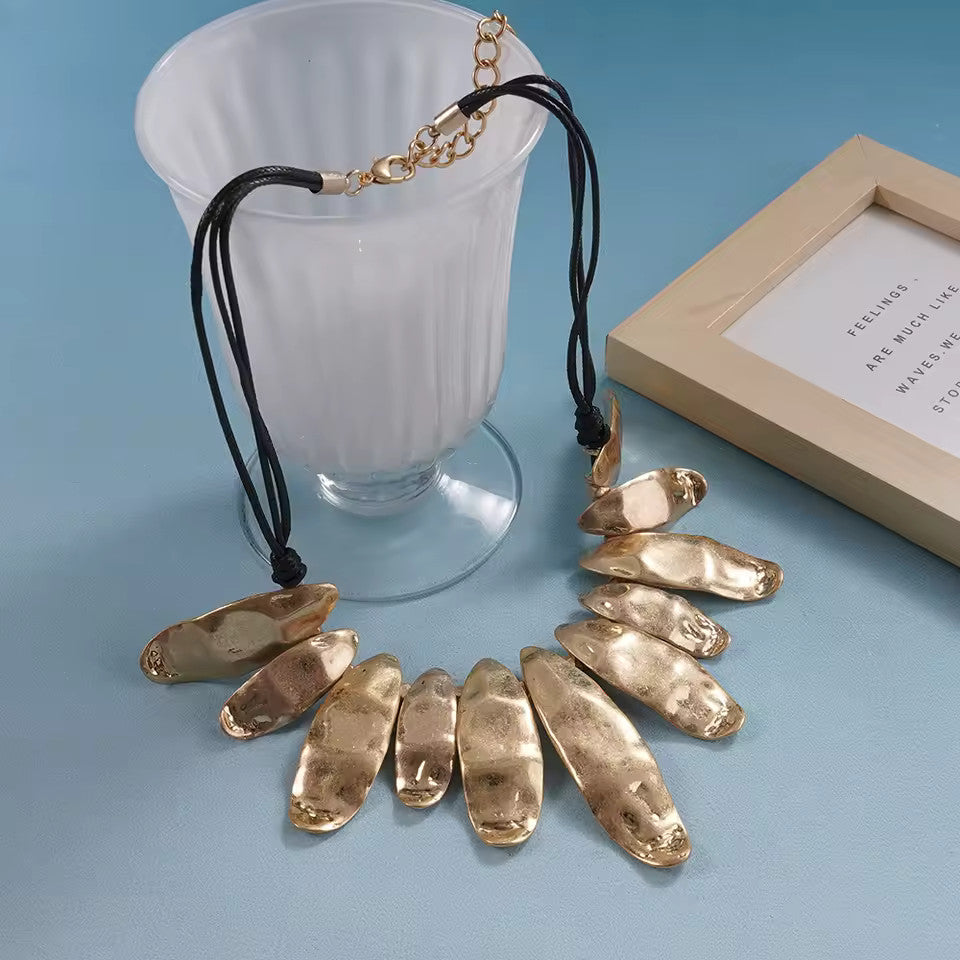 Women's Boho Chic Fashion Statement Chunky Collar Necklace Gold Tone Black Cord