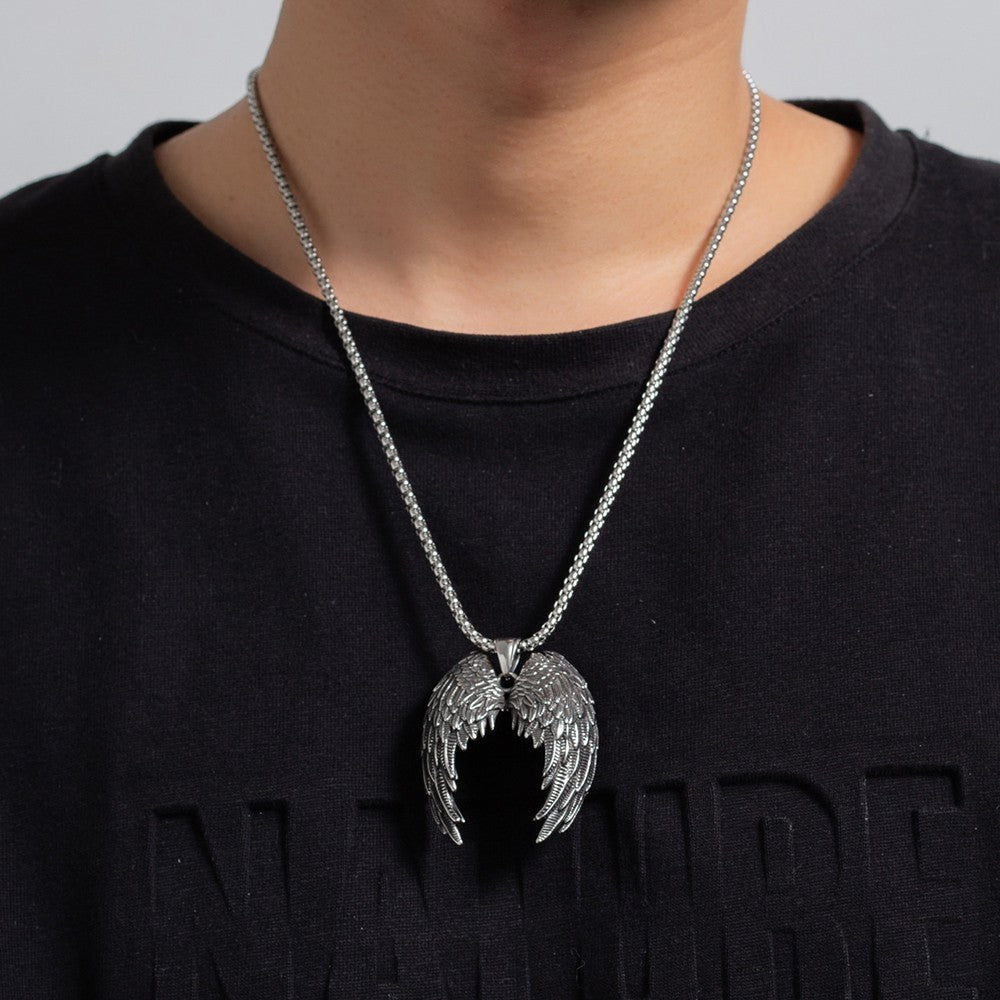 Men's Angel Wing Necklace Stainless Steel Guardian Biker Gothic Pendant Gift