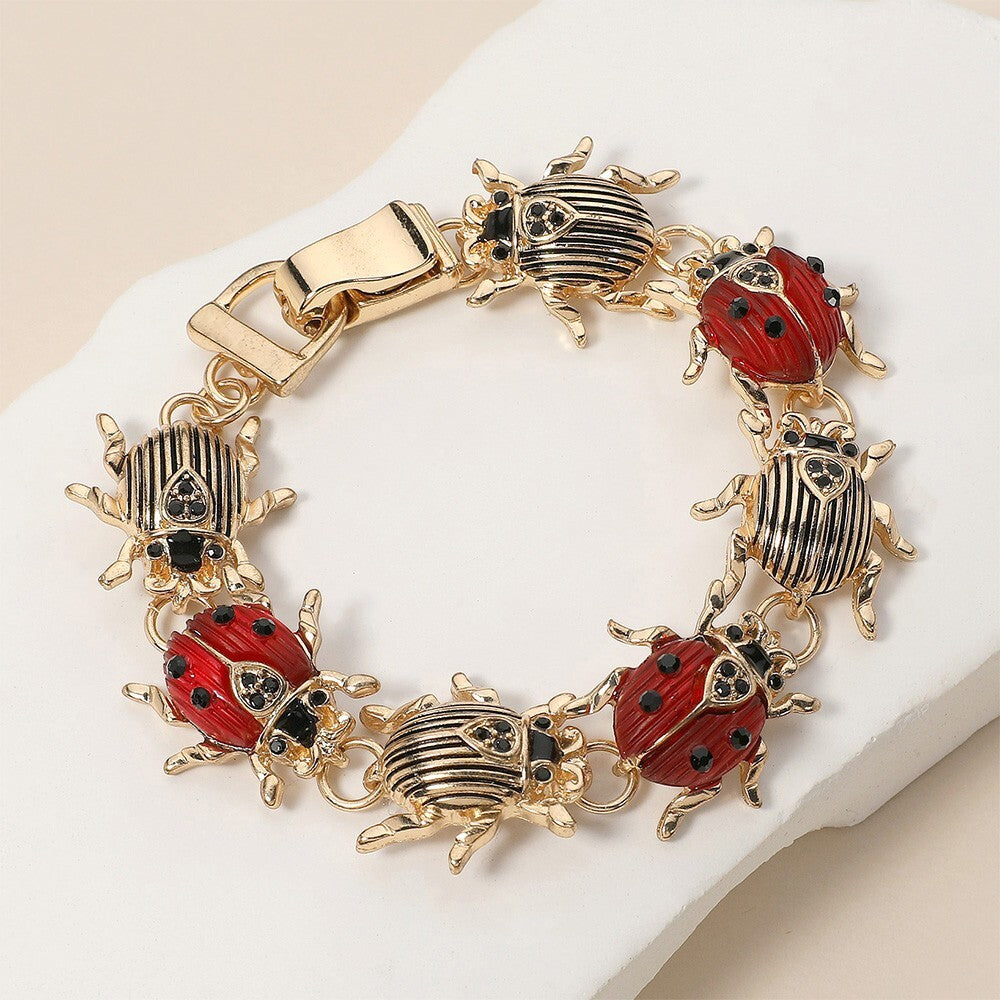 Ladybug Magnetic Bracelet Gold Tone Enamel Link Charm Bug Jewelry for Women