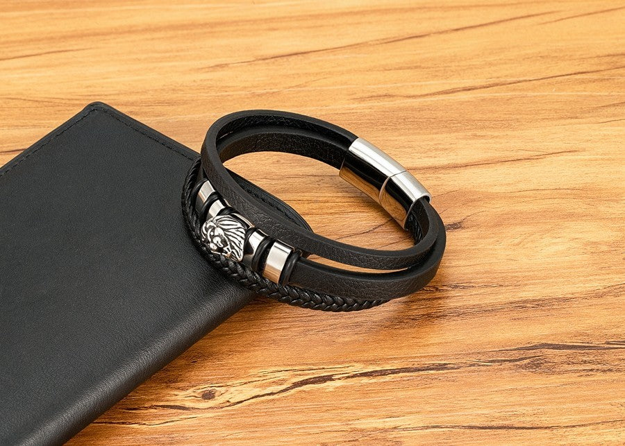 3 Colors Men Lion Head Leather Bracelet Set Stainless Steel Magnetic Clasp