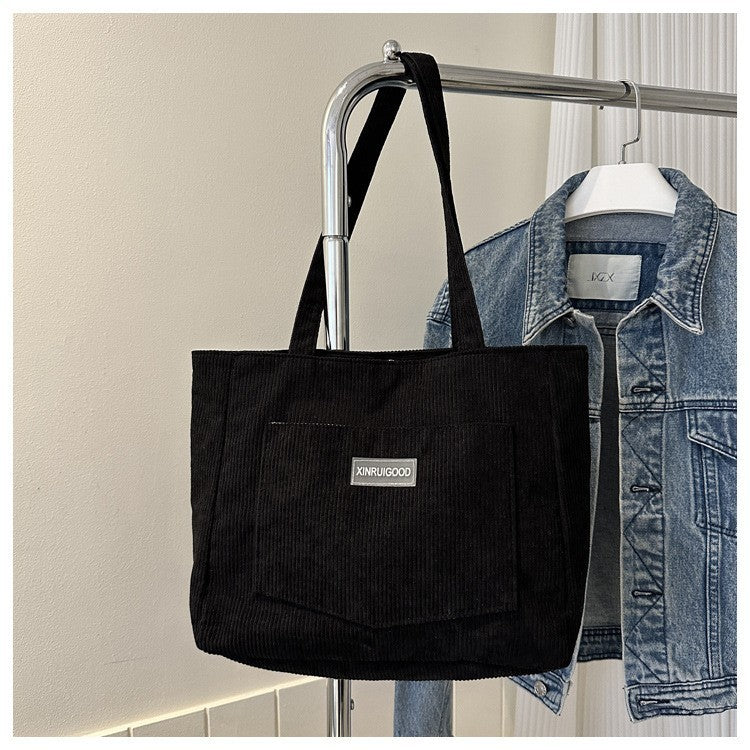 Black Corduroy Tote Bag Shoulder Handbag Casual Shopper Bag