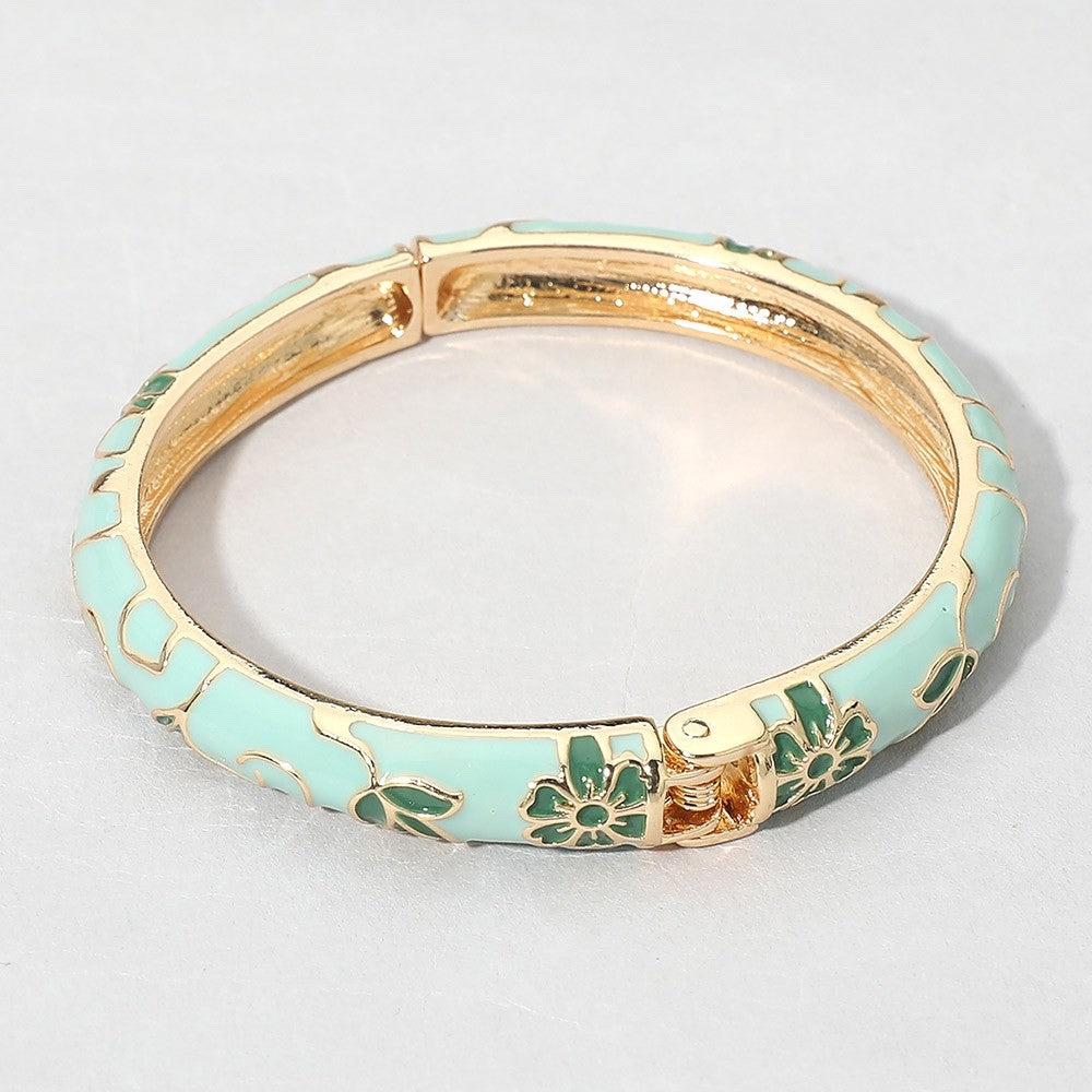 2pc Vintage Floral Enamel Gold Hinged Bangle Bracelet Set in Black and Mint