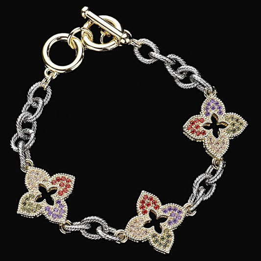 Luxury Inspired Monogram Flower Bracelet Crystal Gold Silver Tone T-Clasp