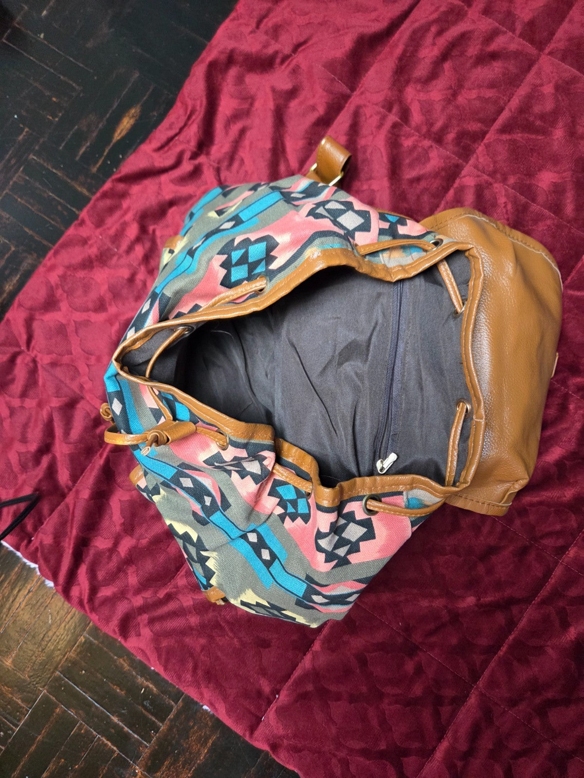 Boho Aztec Print Backpack for Women with Drawstring Top and Snap Front Closure