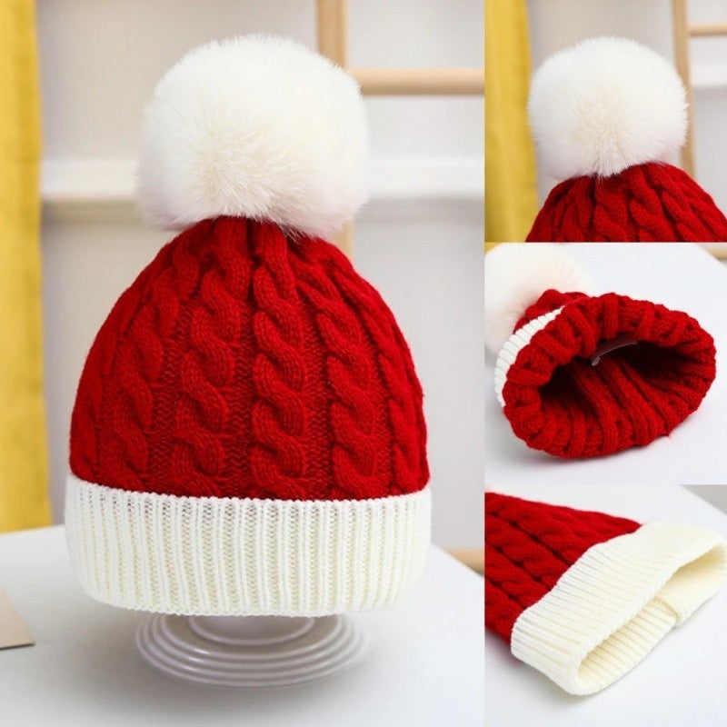 Red White Cotton Cable Knit Beanie Hat Cuffed Winter Faux Fur Pom Pom Cap