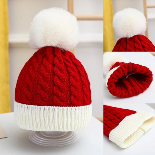 Red White Cotton Cable Knit Beanie Hat Cuffed Winter Faux Fur Pom Pom Cap