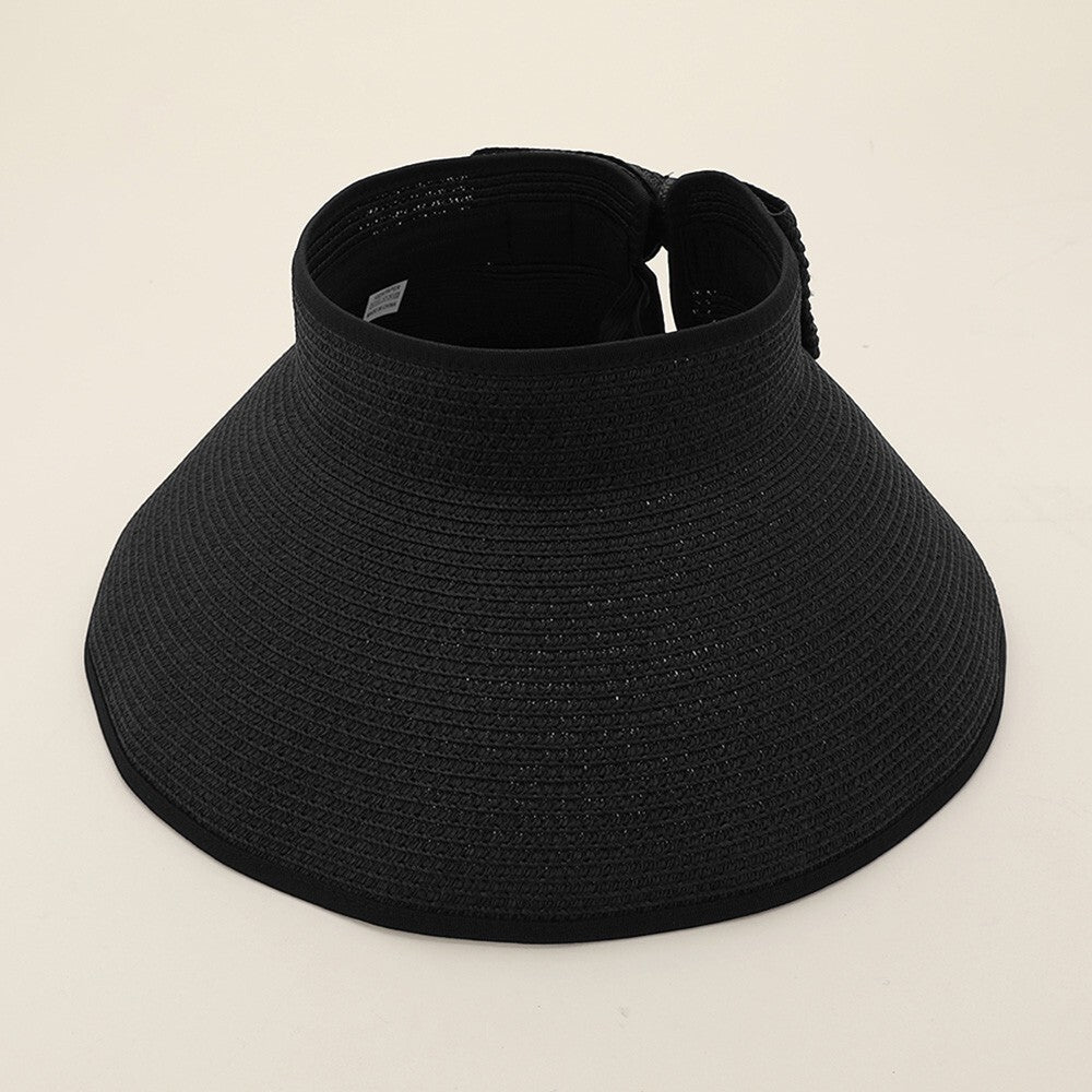 Wide Brim Straw Roll-Up Sun Visor Hat Black for Women Summer Beach UV Protection