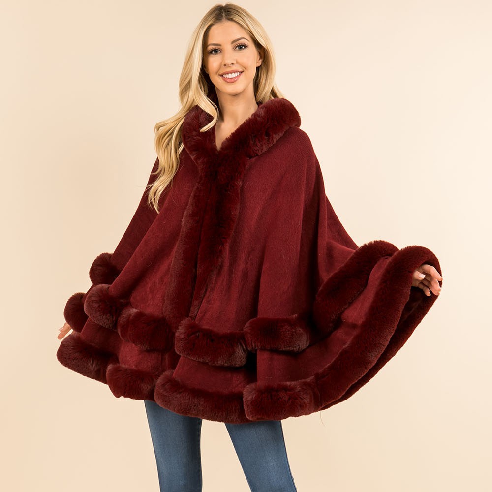 Luxury Burgundy Faux Fur Trim Hooded Cape Poncho Wrap Tiered Winter Cloak New