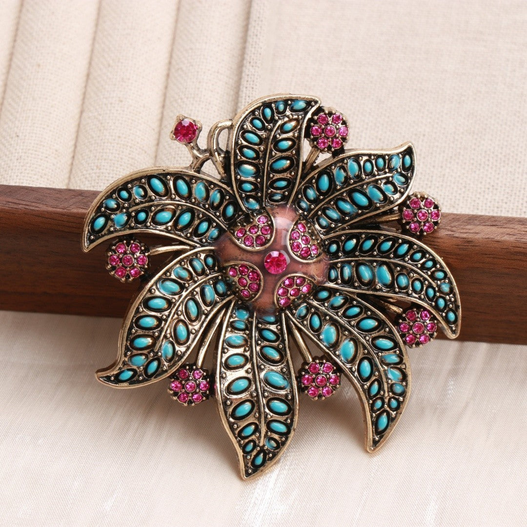 Vintage Gold Tone Flower Brooch Turquoise & Pink Rhinestone Floral Pin