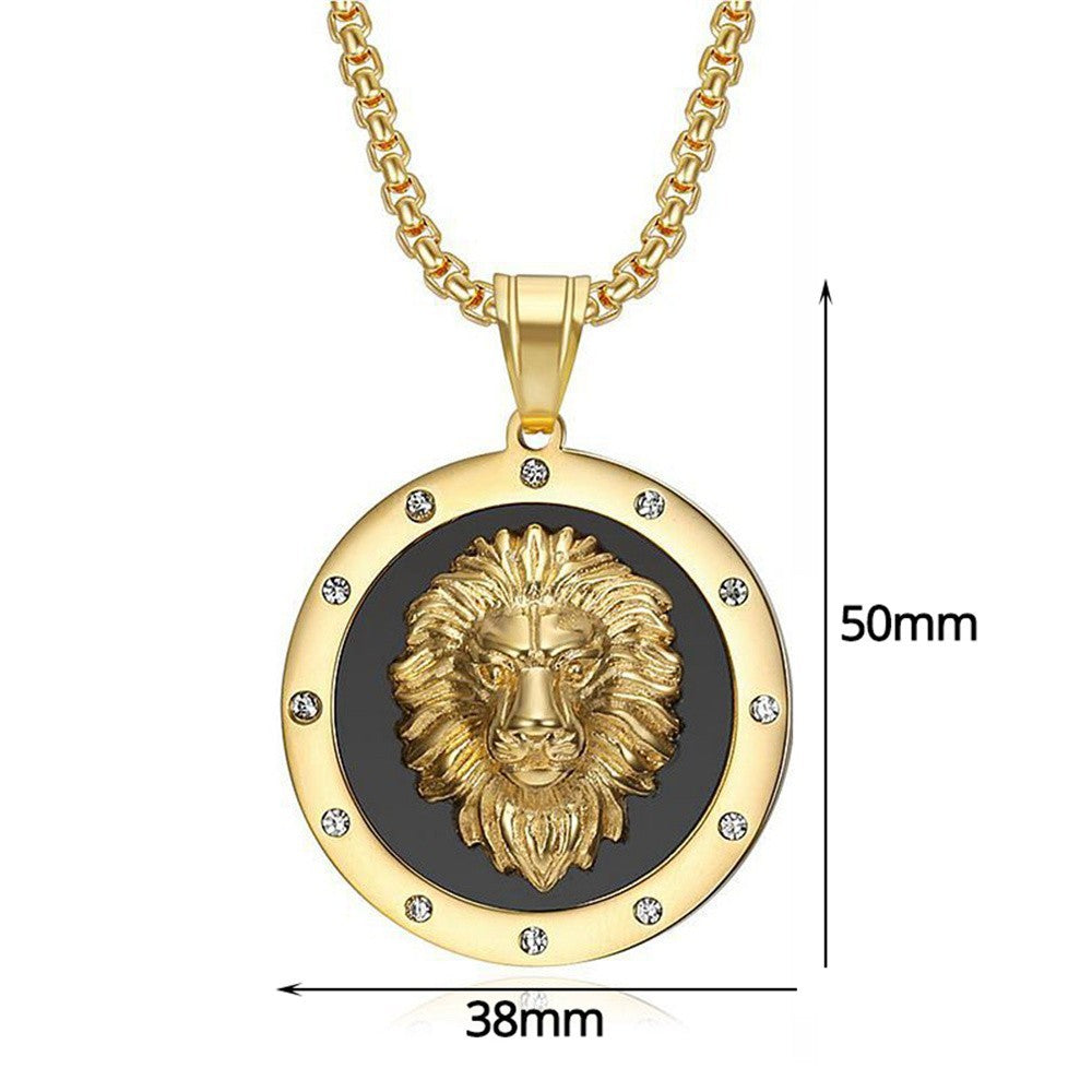Gold Lion Head Medallion Pendant Necklace for Men Stainless Steel Chain 24.8in