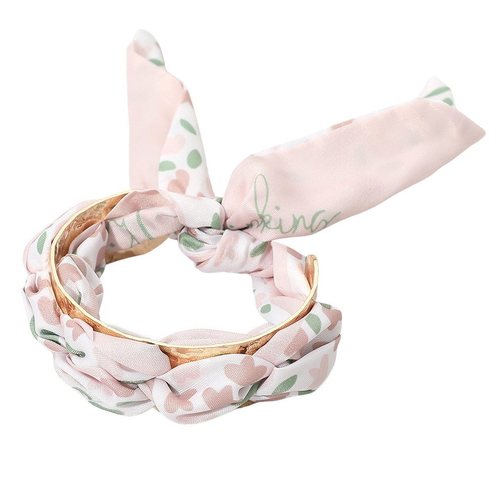 Pink Floral Satin Scarf Wrap Gold Bangle Bracelet Chic Boho Wrist Accessory
