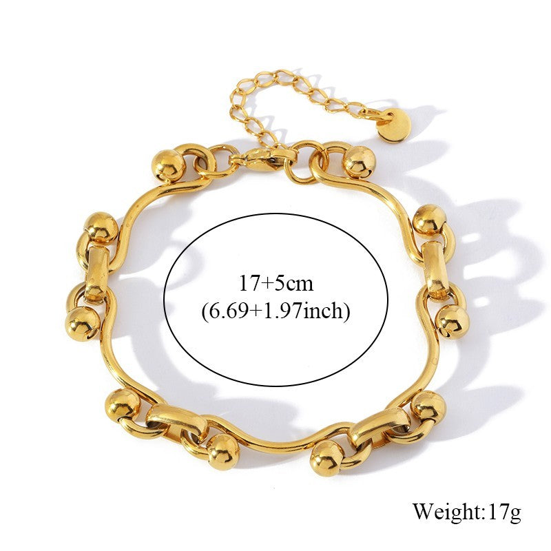 Gold Tone Wavy Ball Link Necklace Bracelet Set Stainless Steel Jewelry