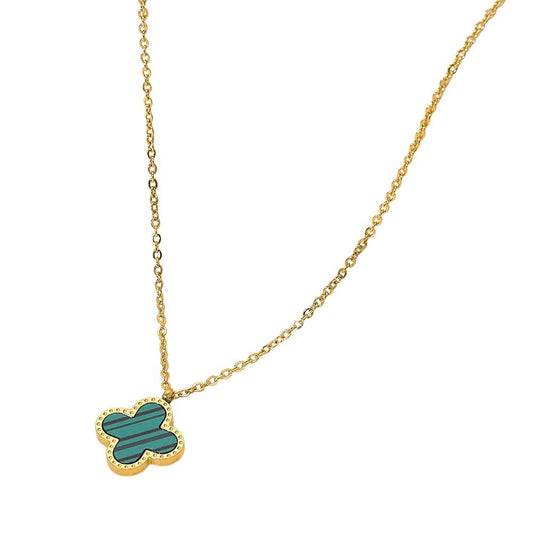 Gold Tone Stainless Steel Quatrefoil Pendant Necklace Green Clover for Women