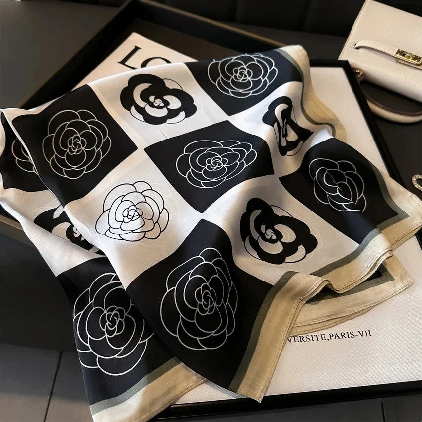 Luxury B&W Rose Print Square Scarf Satin Silk Feeling Elegant Hair Bag Accessory