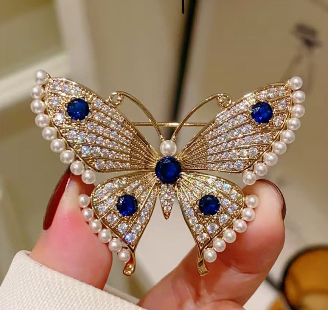 2pcs Vintage Butterfly Blue Crystal & Pearl Brooch Set - Elegant Two Piece