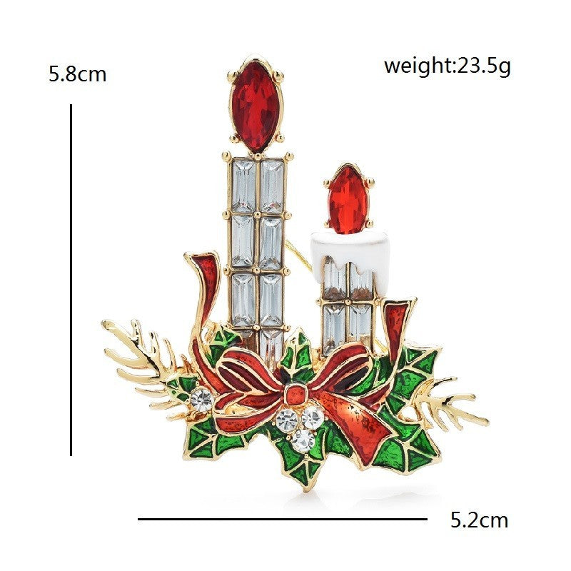 Christmas Candle Brooch Pin Red Green Rhinestone Holly Gold Tone Holiday Jewelry