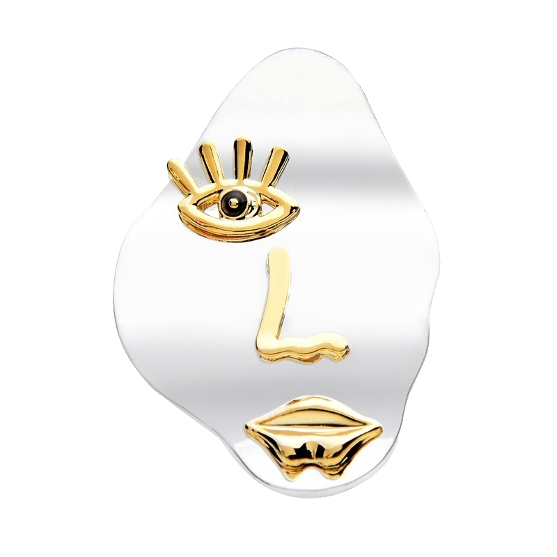 Abstract Face Brooch Pin Clear Acrylic Gold Tone Modern Art Minimalist Jewelry