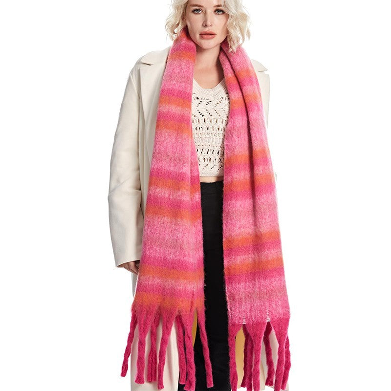 Women's Pink Striped Knitted Tassel Scarf Winter Warm Cozy Pashmina Shawl