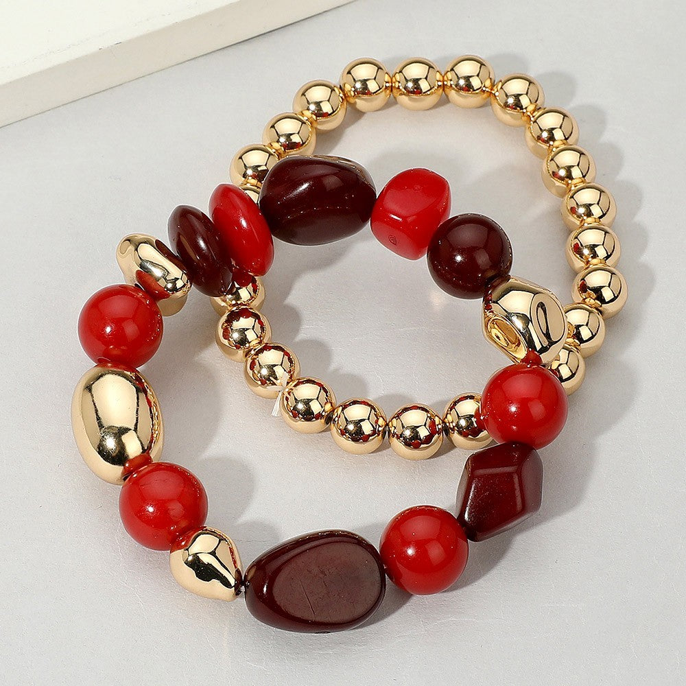 2PCS Red Gold Pebble Beaded Stretch Bracelet Set for Women Layered Jewelry Gift