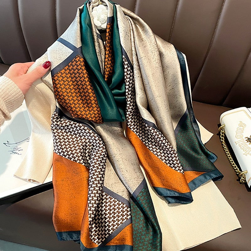 Luxury Geometric Houndstooth Silk Feel Scarf Green Orange Beige Satin Shawl