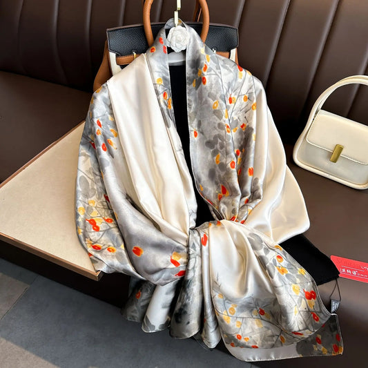 Cream Floral Black Pattern Scarf Wrap 71x35 in Large Silk Feel Shawl Soft