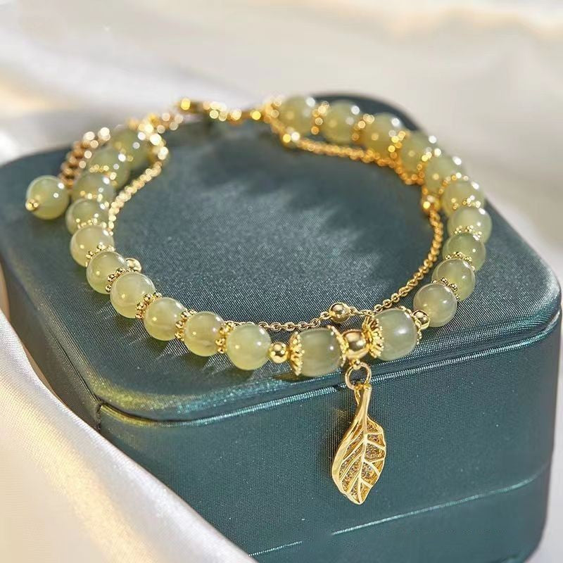 3pcs Green Jade Beaded Bracelets with Gold Leaf Charm & Chain Women's Jewelry