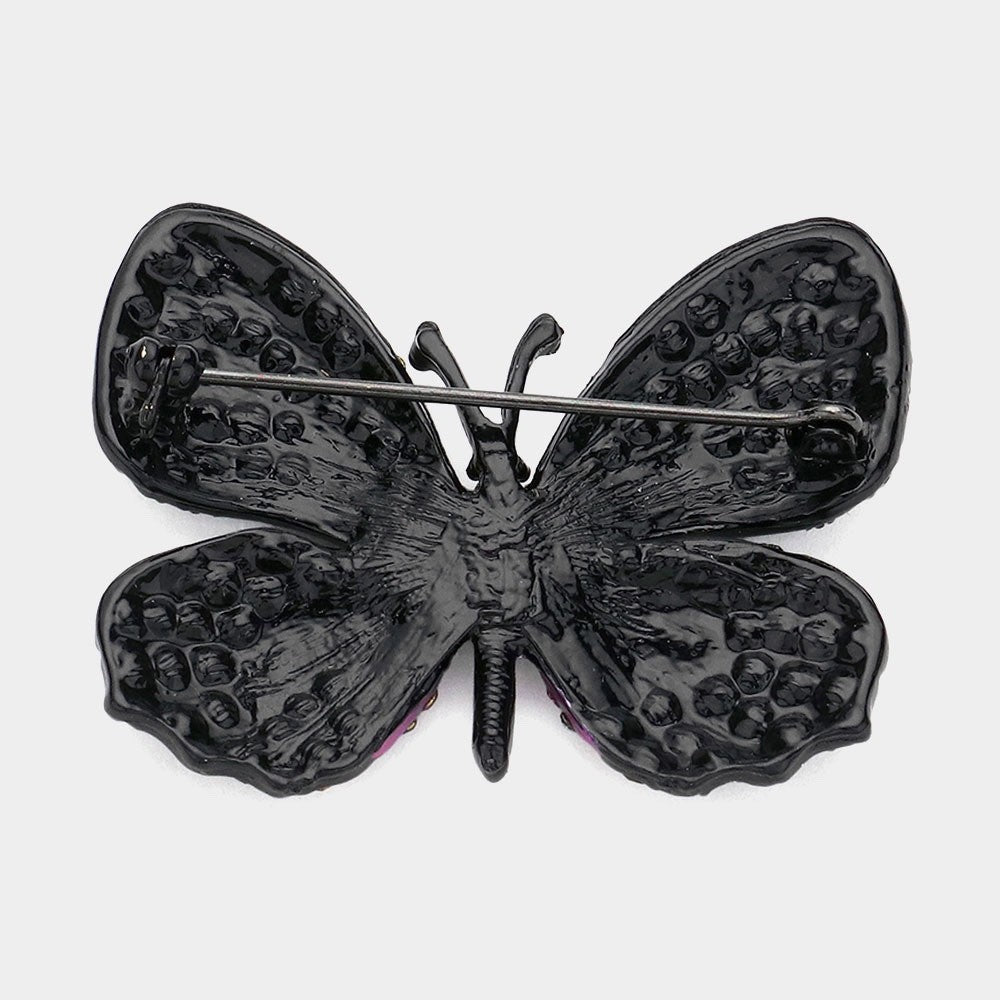 Black Metal Pink Rhinestone Butterfly Brooch Crystal Wing Animal Statement Pin