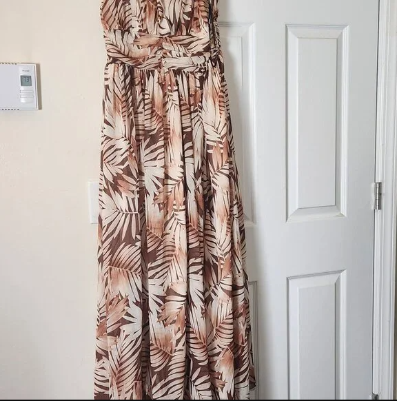 Tropical Print Sheer Maxi Dress for Women Vacation Outfit for Ladies Brown US S