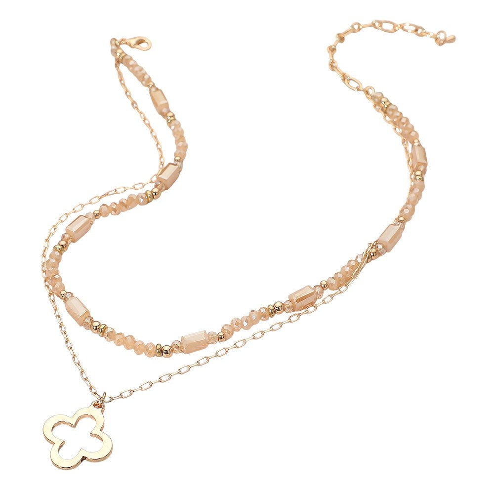 Gold Double Layer Beaded Clover Pendant Necklace Elegant Fashion Jewelry