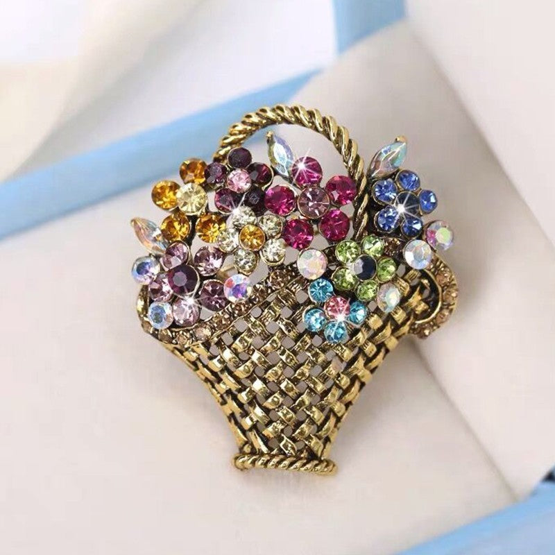 2pcs Multi Color Rhinestone Flower Basket Brooch Pin Vintage Gold Tone Gift