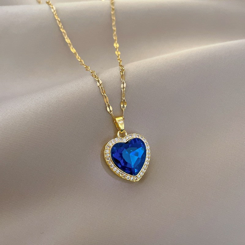 Gold Heart Blue Crystal Pendant Necklace Women’s Jewelry Gift 16" Chain