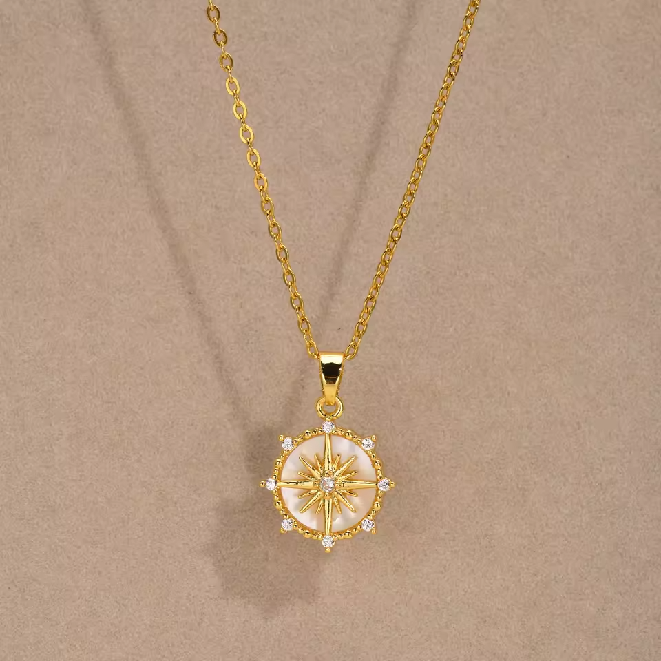 North Star Compass Pendant Necklace Gold Tone Cubic Zirconia Shell Inlay