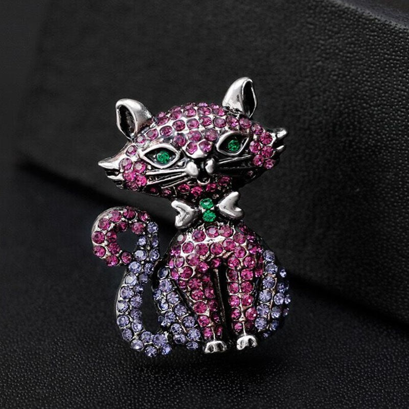 5pcs Cat Brooch Pin Set Rhinestone Enamel Sterling Silver Abalone Shell