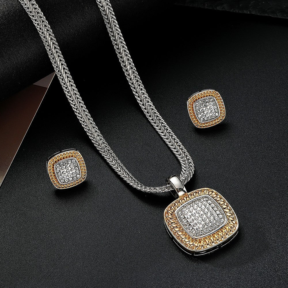 Two Tone Crystal Cushion Pendant Necklace with Braided Chain Earrings Set