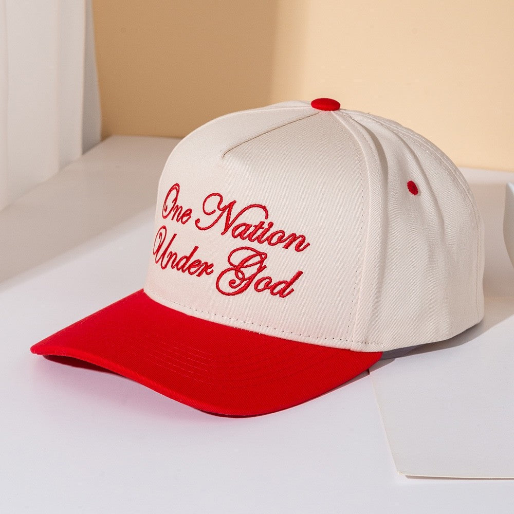 One Nation Under God Embroidered Baseball Cap - Cream & Red Snapback Trucker Hat