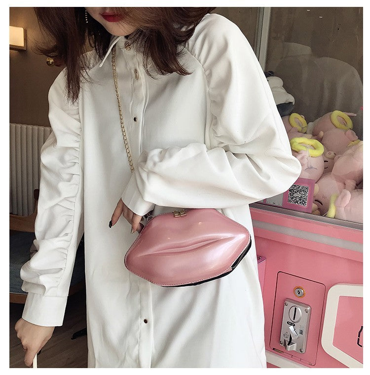 Lips Shaped Clutch Bag Women Pink Patent Leather Crossbody Purse Gold Chain