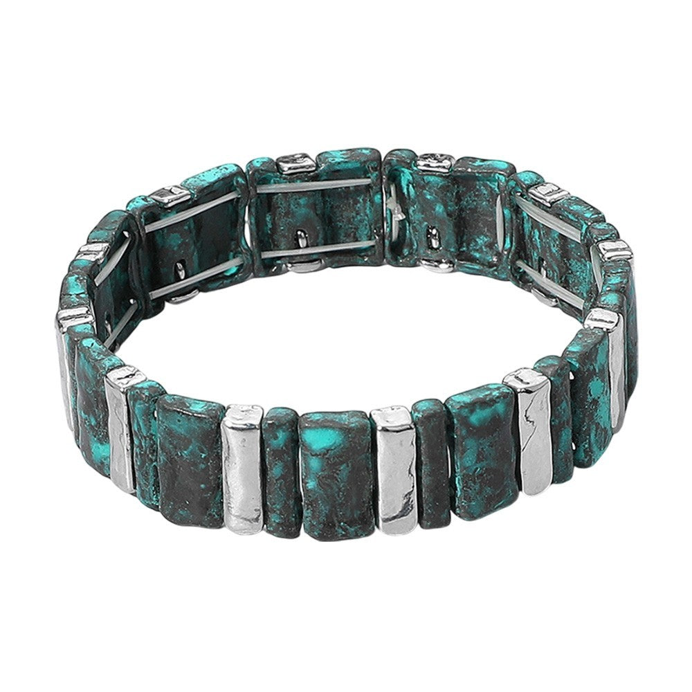 Turquoise and Silver Stretch Bracelet Rectangular Segments Unisex Jewelry