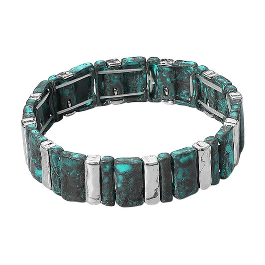 Turquoise and Silver Stretch Bracelet Rectangular Segments Unisex Jewelry