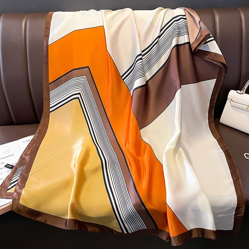 Abstract Geometric Silk Feel Scarf Shawl 71 x 35 Inch Brown Orange