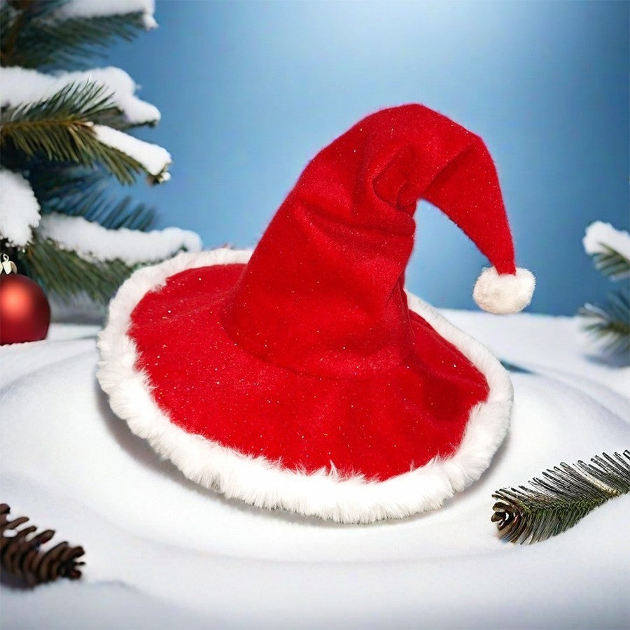 Wide Brim Santa Hat Red Christmas Costume Cap Adult Witch Style 19in Diameter