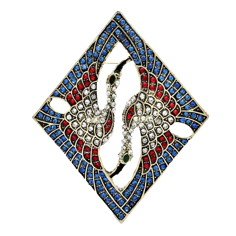 Art Deco Crane Bird Brooch Twin Heron Rhinestone Blue Red Gold Tone Pin
