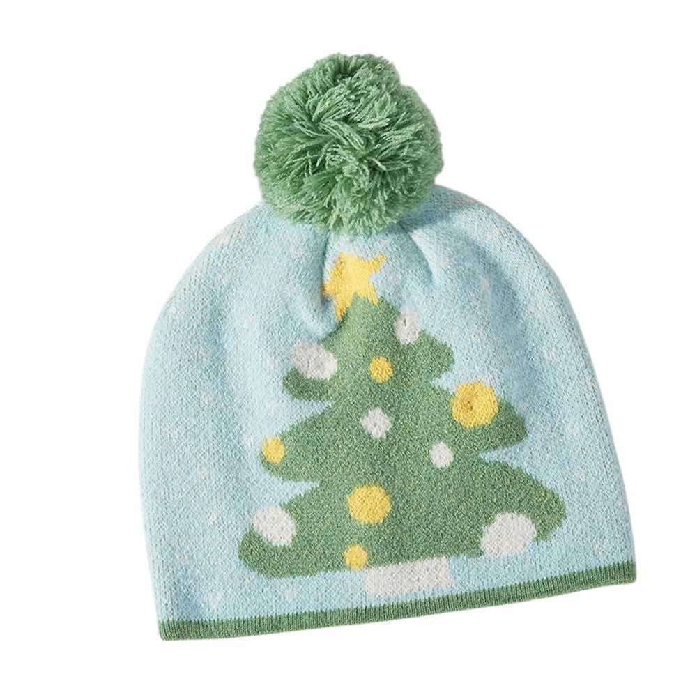 Knitted Cozy Christmas Tree One Size Pom Pom Beanie Hat for Kids Green & Blue