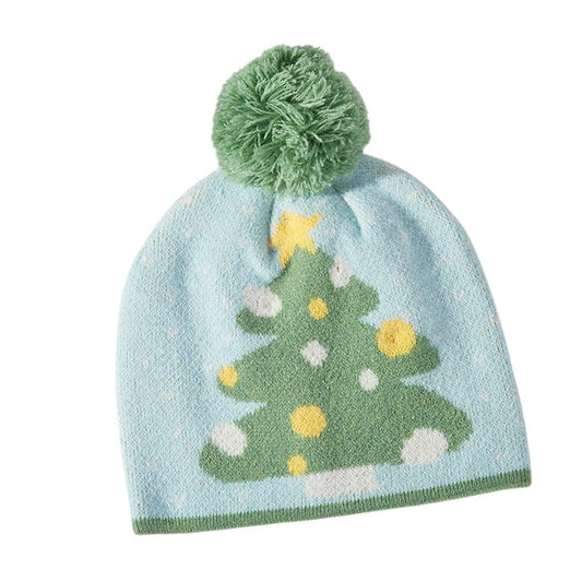 Knitted Cozy Christmas Tree One Size Pom Pom Beanie Hat for Kids Green & Blue