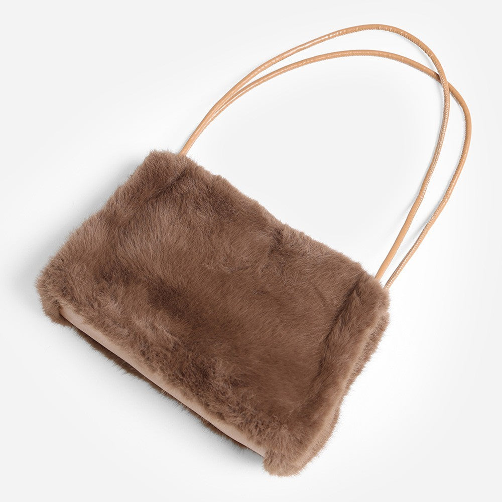 Brown Faux Fur Shoulder Bag with Tan Straps Winter Handbag Magnetic Closure